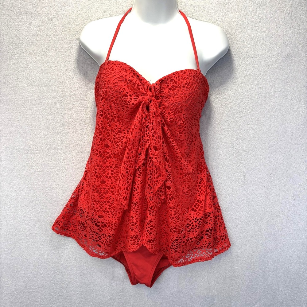 Vintage Lauren Ralph Lauren Crochet Flyaway Swimsuit 12 Red One Piece Halter